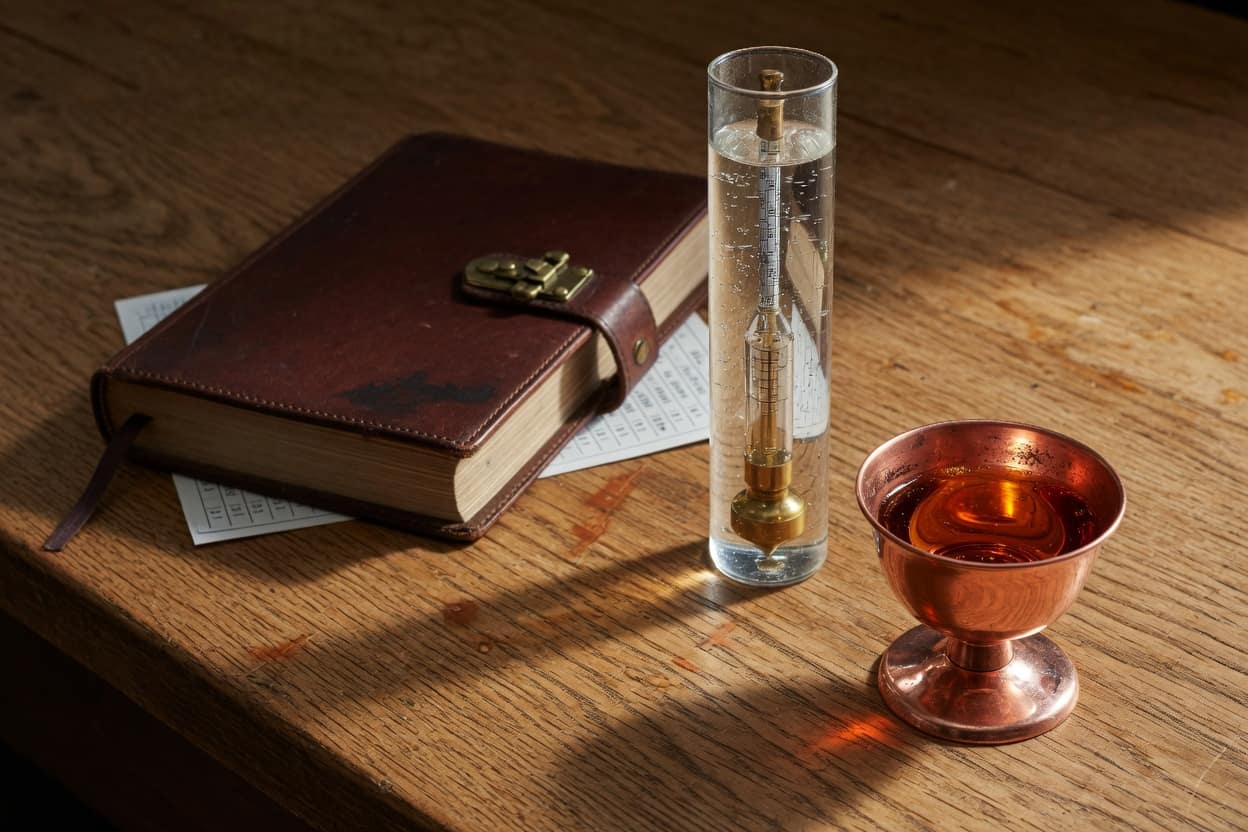 Proof hydrometer, production log, and a copper tasting glass of whiskey